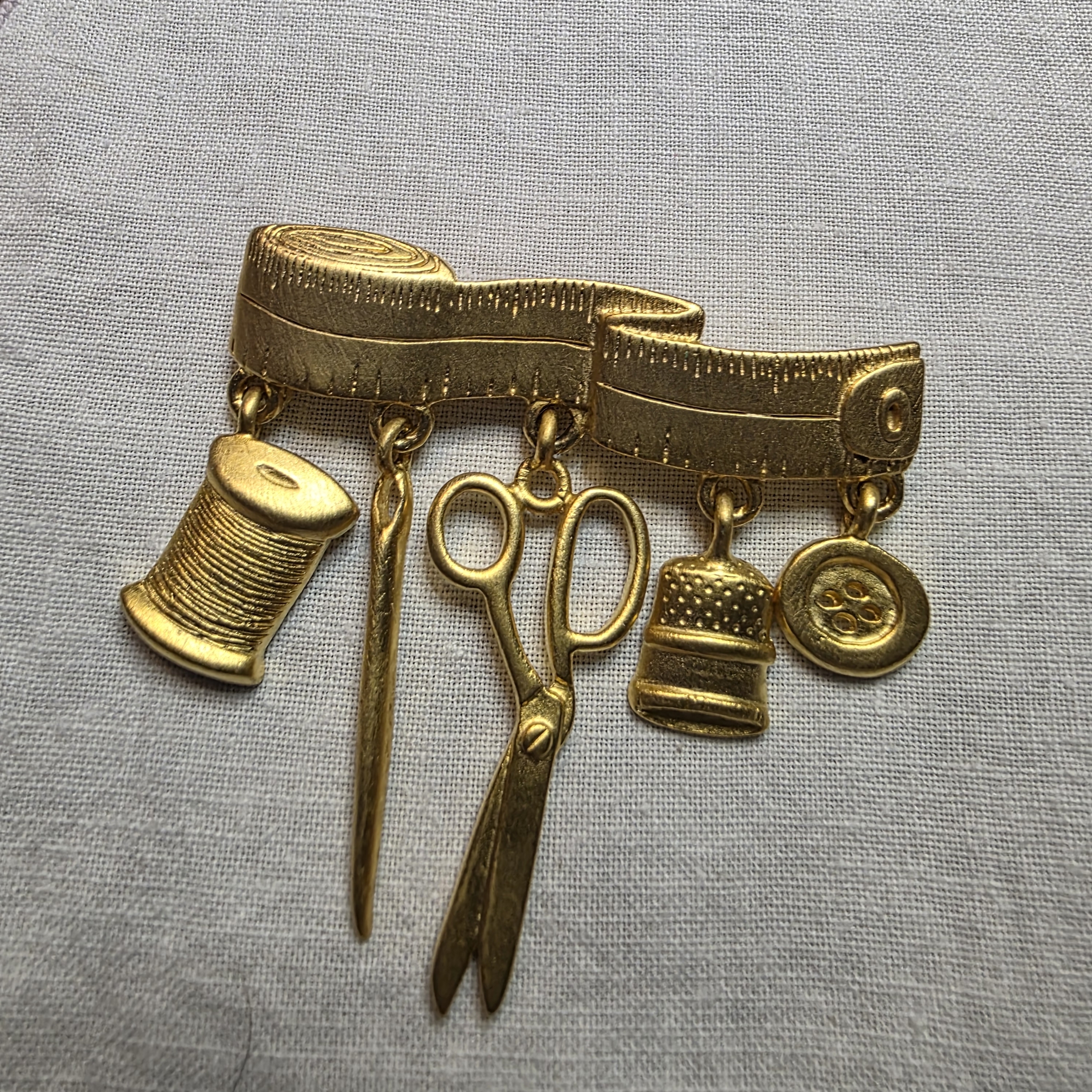 Vintage Jj Goldtone Seamtress Brooch With Tape Measure And 5 Charms